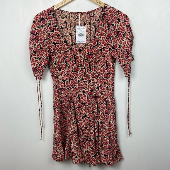 NWT Free People Lace Up Mini Dress Black Red Floral Size Small‎ Revolve Bohemian - Picture 13 of 13
